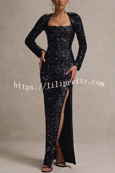 My Dreams Sparkle Sequin Square Neck Long Sleeves Slit Maxi Dress