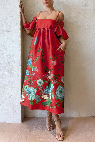 Sweetest Marigold Printed Gathered Sleeve Pocketed A-line Midi Dress