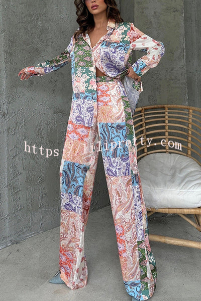 Unique Ethnic Print Long-sleeved Shirt and Elastic Waist Pants Set