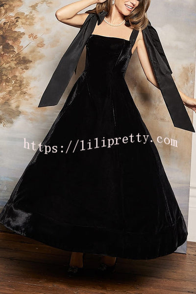 Romantic Type Velvet Bandeau Taffeta Bow Strap Pocketed Prom Maxi Dress