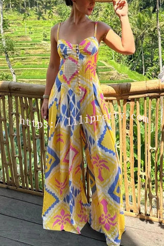 Fia Ethnic Unique Print Button Back Smocked Wide Leg Jumpsuit