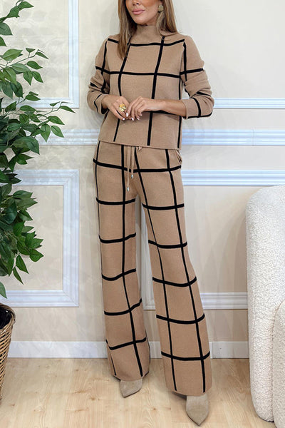 Fashionable Plaid Turtleneck Long Sleeve Top and Elastic Waist Tie Pocket Pants Set