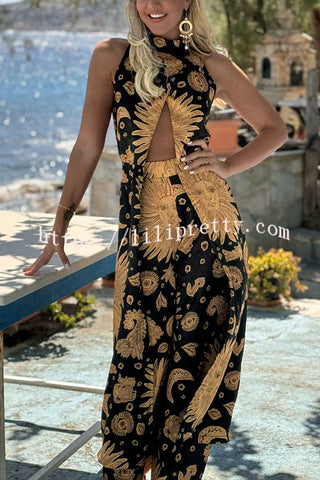 Exotic Satin Unique Print Center Front Slit Midi Top and Elastic Waist Wide Leg Pants Set