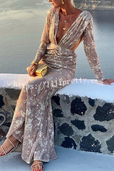 Magic Evening Glitter Fabric Side Cutout Long Sleeve Ruched Formal Maxi Dress