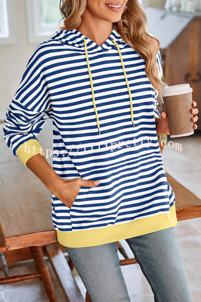 Striped Print Long Sleeve Pocket Loose Hoodie