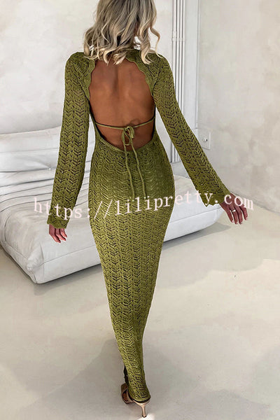 Avie Knit Textured Fabric Backless Tie-up Long Sleeve Stretch Maxi Dress