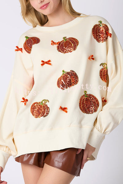 Halloween Colorful Pumpkin Embroidered Loose Casual Sweatshirt