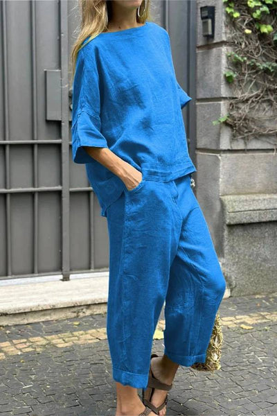 Casual Solid Color Crewneck Top & Pants Cotton Linen Two-piece Set