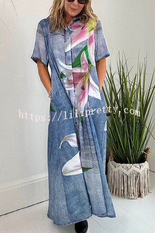 Carleen Faux Denim Fabric Orchid Print Pocketed Shirt Maxi Dress