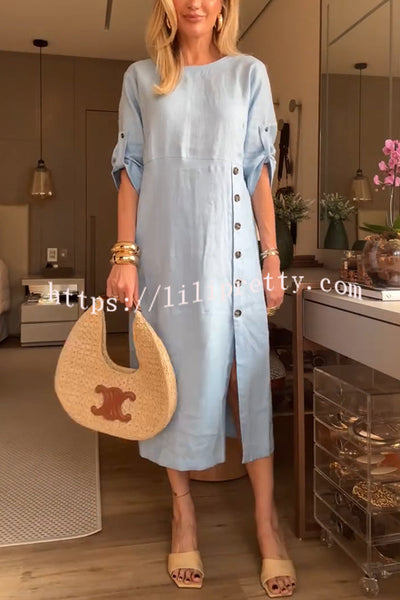 Ultra-comfortable Linen Blend Half Sleeve Front Button Detail Relaxed Pocket Midi Dress