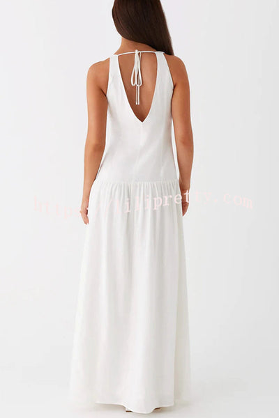 Unforgettable Evening Linen Blend Button Up Drop Waist Maxi Dress