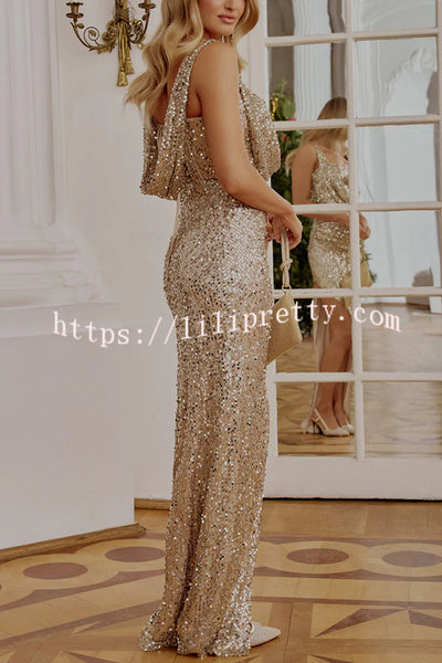 Glitzy Gala Sequin Draped Neckline Back Tie-up Ruched Slit Maxi Dress