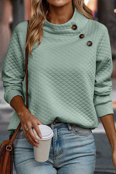 Solid Color Plaid Turtleneck Button Casual Sweatshirt