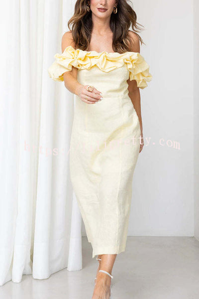 Exquisite and Comfortable Linen Blend Cloud Ruffles Back Smocked Slip Midi Dress