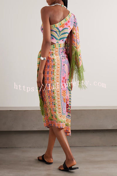 Fruits Queen Unique Print One Shoulder Fringe Detail Scarf Midi Dress