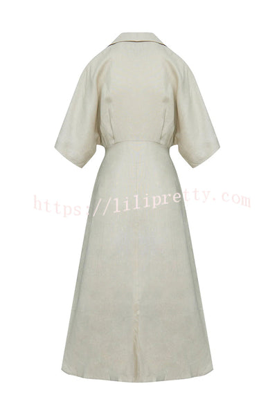 Asher Linen Blend Wide Sleeve Button Pocketed Shirt Loose Midi Dress