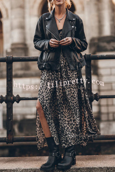 Minimal and Chic Leopard Print Long Sleeve A-line Slit Flowy Maxi Dress