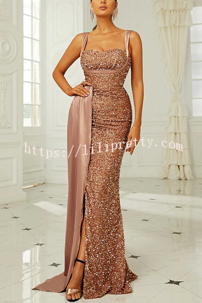 Banquet Sequined Backless Strappy Fishtail Maxi Dress