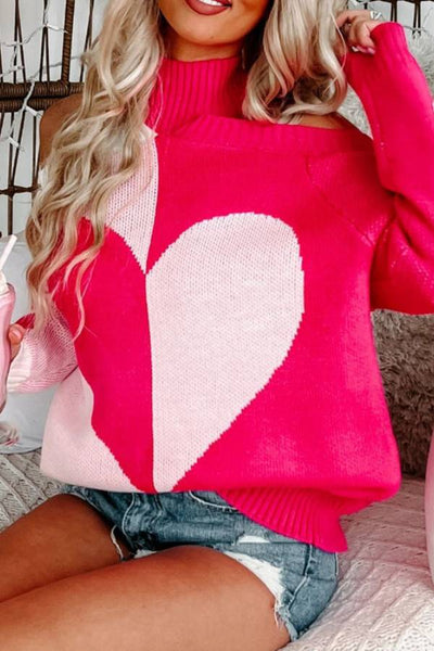 Valentine's Day Heart Turtleneck Cold Shoulder Sweater