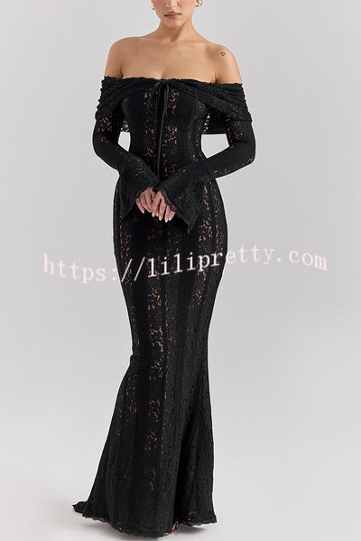 Outline The Curve Floral Lace Off Shoulder Bell Sleeve Stretch Maxi Dress