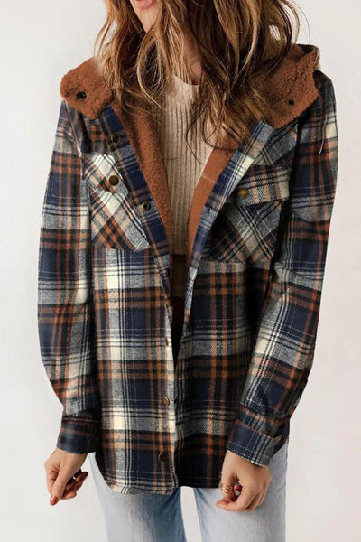 Fashion Plaid Long Sleeve Pocket Casual Hooded Jacket