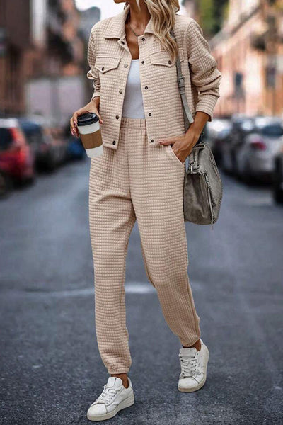 Solid Color Lapel Long Sleeve Jacket and Elastic Waist Casual Pocket Pants Set