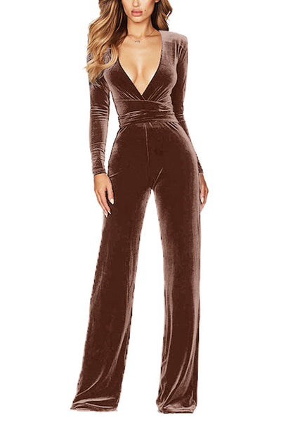 Solid Color Velvet Deep V Belt Slim Jumpsuit