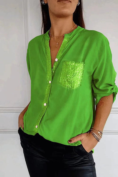 Solid Color Casual Loose Sequin Pocket Shirt Top