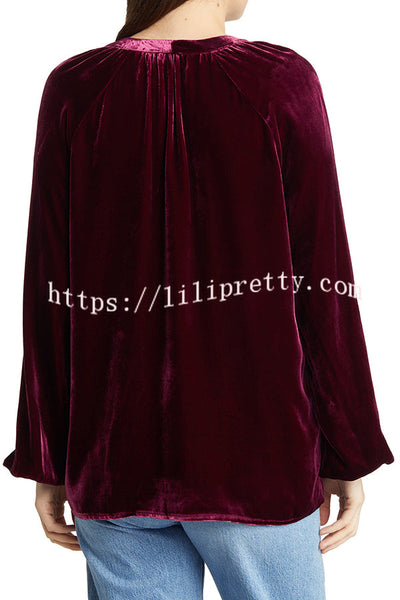 Solid Color Velvet V-neck Long-sleeved Shirt