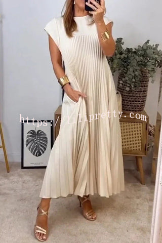 Solid Color Round Neck Sleeveless Pleated Large Hem Maxi Dress