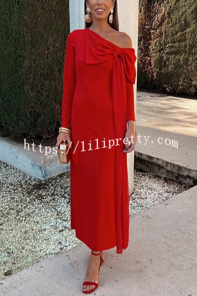 Vanessa Solid Color Long Sleeve Slim Fit Oversized Bow Tie Maxi Dress