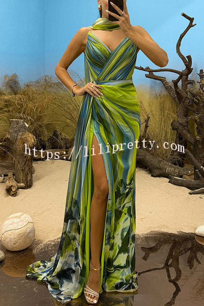 In A Dreamland Chiffon Floral Print Off Shoulder Pleated Scarf Slit Maxi Dress