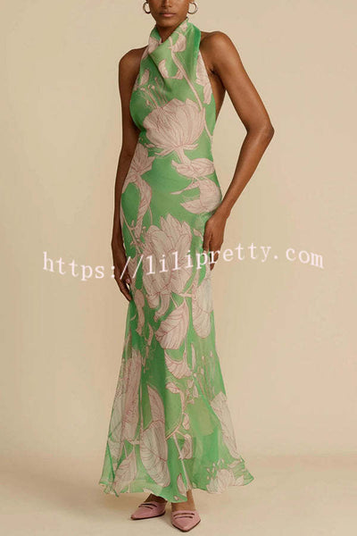 Josefine Floral Print Halter Cowl Neck Backless Tie-up Maxi Dress