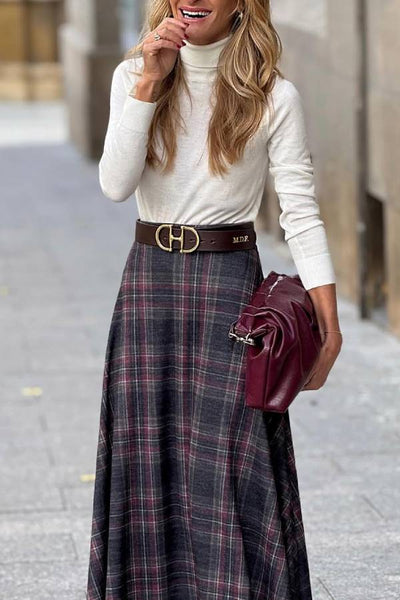 Retro style wide hem plaid skirt