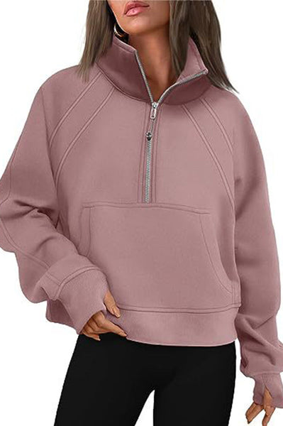 Stylish Patchwork Stand Collar Zippered Loose Pocket Sweatshirt