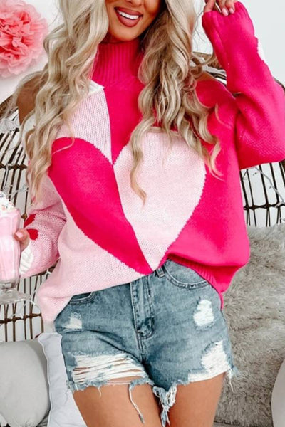 Valentine's Day Heart Turtleneck Cold Shoulder Sweater