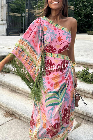 Fruits Queen Unique Print One Shoulder Fringe Detail Scarf Midi Dress