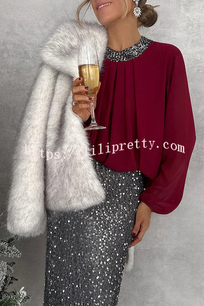 Party Romance Sequin Neck Ruched Balloon Sleeve Loose Blouse