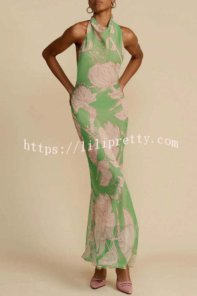 Josefine Floral Print Halter Cowl Neck Backless Tie-up Maxi Dress