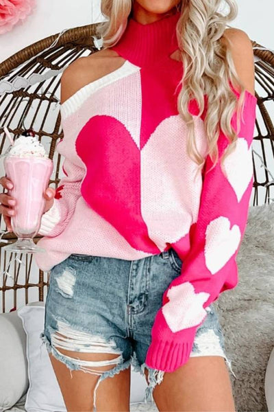 Valentine's Day Heart Turtleneck Cold Shoulder Sweater