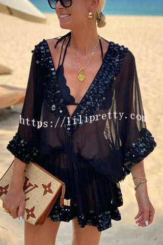 Shiny Holiday Sequin Trim Loose Cover-up Kaftan Mini Dress