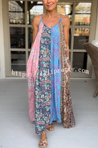 Unique Printed Loose Holiday Strap Big Hem Maxi Dress