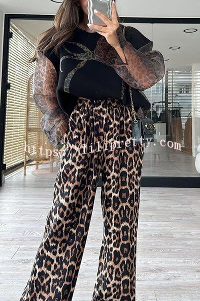 Nessa Leopard Bow Print Tulle Patchwork Sweatshirt and Elastic Waist Pocketed Wide Leg Pants Set