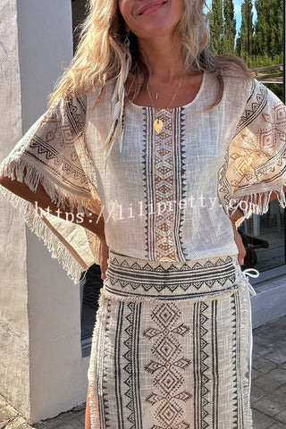 Madrid Linen Blend Ethnic Print Tassel Trim Square Loose Cut Top