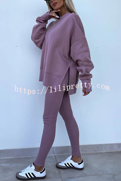 Solid Color Loose Long Sleeve SlitSweatshirt and Elastic Waist Tight Pants Set