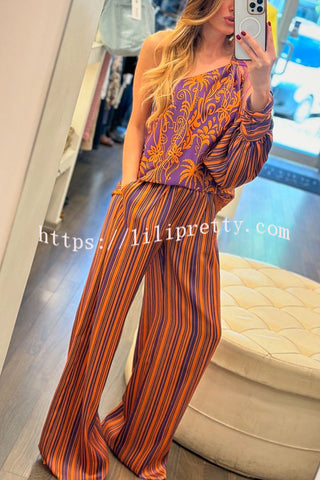 Sora Unique Print Feather One Shoulder Slit Sleeve Top and Elastic Waist Pocket Pants Set