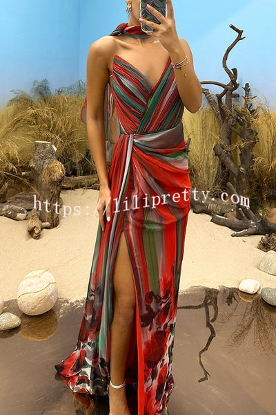 In A Dreamland Chiffon Floral Print Off Shoulder Pleated Scarf Slit Maxi Dress