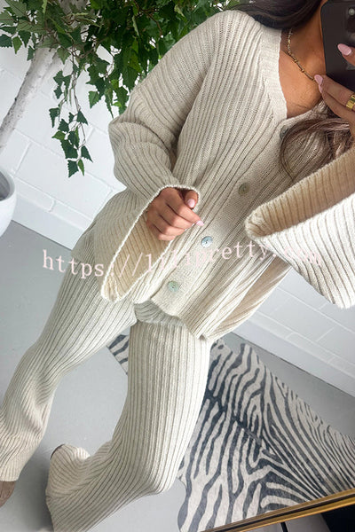 Solid V-neck Ribbed Knit Button Up Top and Elastic Waist Wide Leg Pants Set