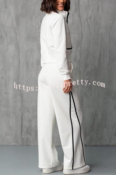 Andi Contrast Color Zipper Stand Collar Jacket and Drawstring Waist Pocketed Loose Pants Set