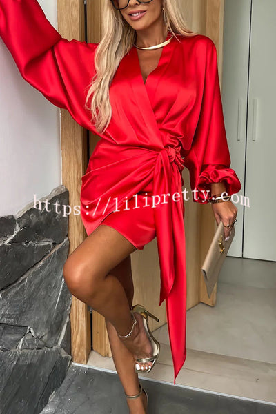 Luxurious Tokyo Satin Balloon Sleeve Wrap Tie-up Loose Mini Dress